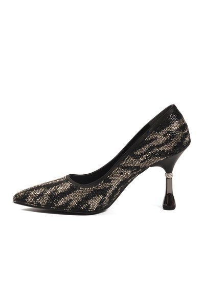 AYAKMOD Black Satin Thin Heeled Stone Women's Heeled Shoes 248245 Z
