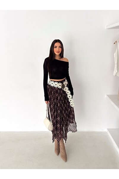 TLG GİYİM Vintage Patterned Lined Pleated Stylish Chiffon Skirt