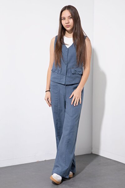 Cansın Mini Pantaloni Indigo din in cu buzunare Y set cu vestă Y talie înaltă...