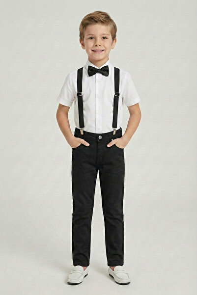 FATELLA Boy's White Short Sleeve Shirt Black Pants Black Suspender Bow Tie Se...