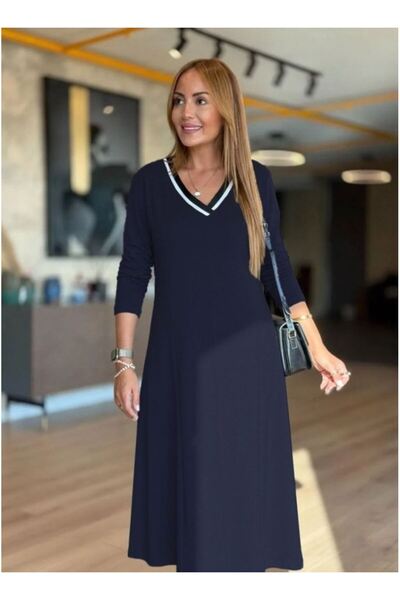 byasafkids فستان نسائي طويل الأكمام بياقة على شكل حرف V متوسط الطول باللون ال...