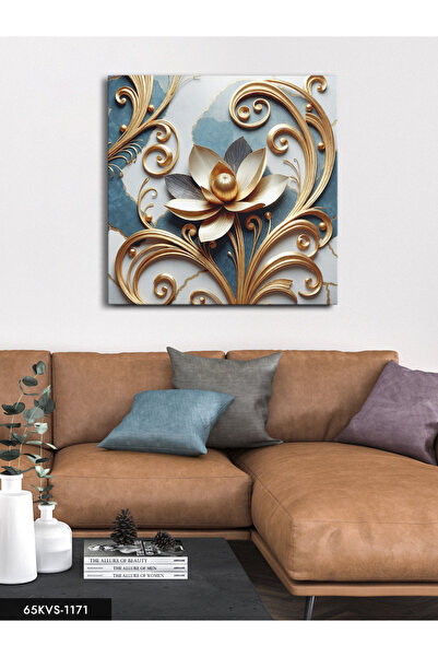 Evinemoda Gold Patterned Flower One Piece Square Canvas - Canvas Painting