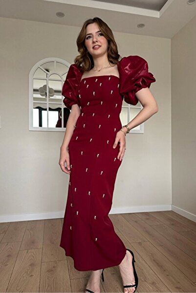 GALAVİP فستان نسائي فاخر بياقة مربعة وتفاصيل حجرية بطول ماكسي