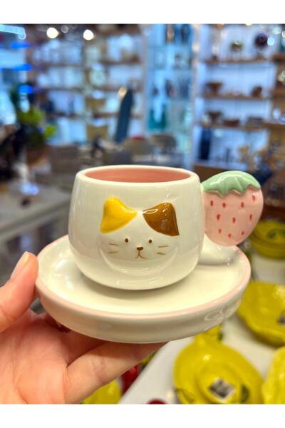 Kosova PEMBE KEDİ DESEN TEK KİŞİLİK TÜRK KAHVESİ FİNCANI