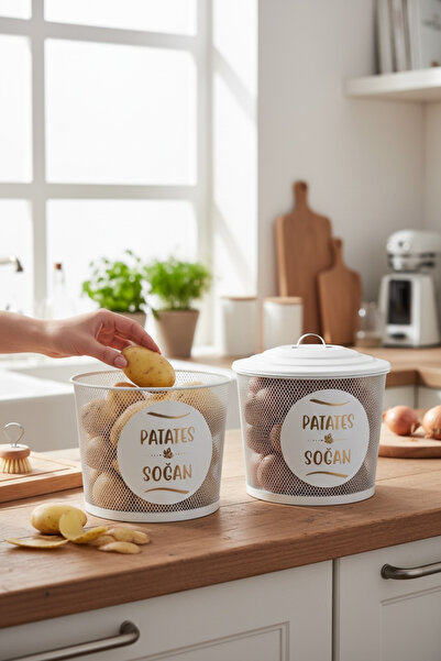 EVSTYLE METAL FİLE İKİLİ SOĞAN& PATATS SAKLAMA KOVASI - BEYAZ