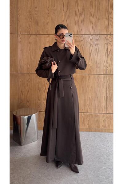 HAZELANNA طقم ماكسي بني فاخر من قطعتين (تنورة وسترة)