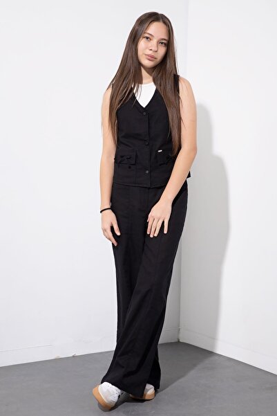 Cansın Mini Black Pocket Linen Vest Set High Waist Pants Girls' Bottom Top Se...