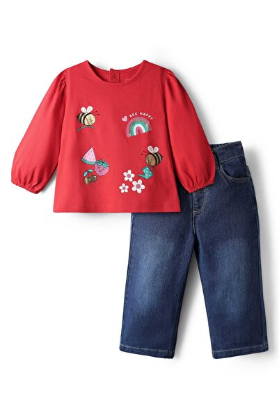 Babyhug Single Jersey Knit Full Sleeves Top & Denim Jeans Set With Bee & Flor...