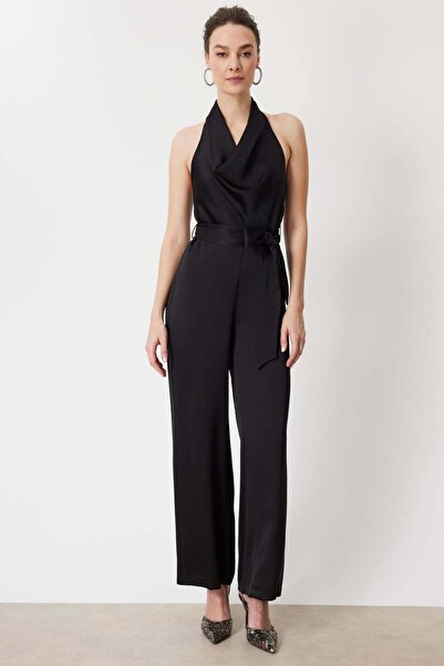 Mi Pret a Porter Mi Degaje Yaka Kuşaklı Saten Tulum