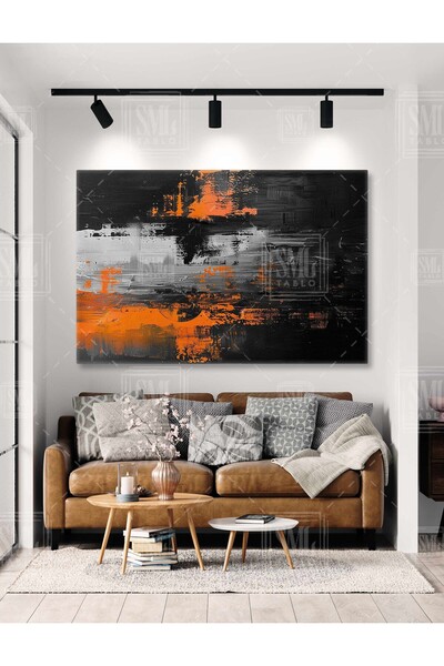 SML TABLO Siyah ve Turuncu Fırça İzleri Gri Grunge Modern Soyut Sanat Yatay K...