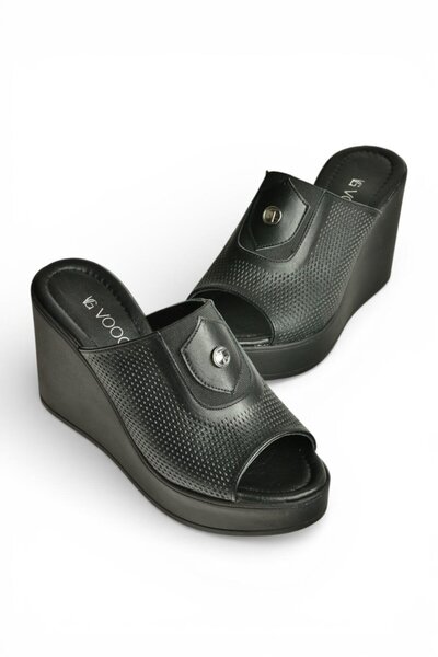 Fox Shoes Y555250703 Black Genuine Leather Wedge Heeled Women's Slippers