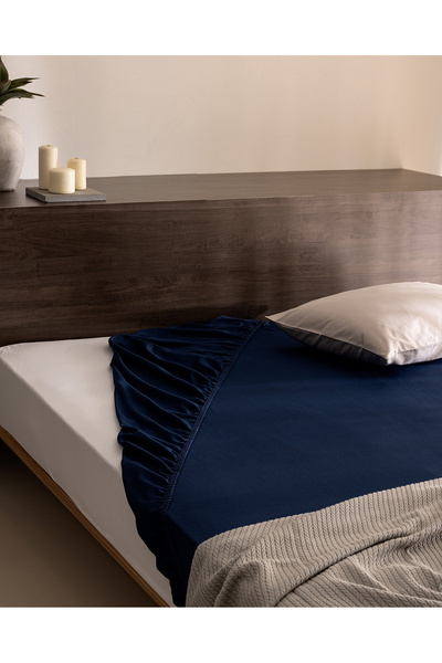 Madame Coco Ciel King Size Plus 100% Cotton Elastic Satin Bed Sheet - Navy Blue