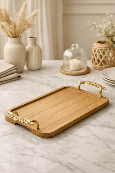 Anadolu Saray Altın Kulplu Ahşap Bambu Sunum Tepsisi – Kahve, Tatlı ve Şık Se...