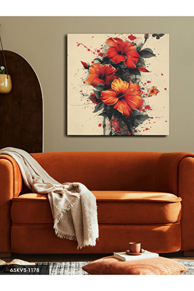 Evinemoda Red Flower with Black Leaves One Piece Square Canvas - Canvas Art P...