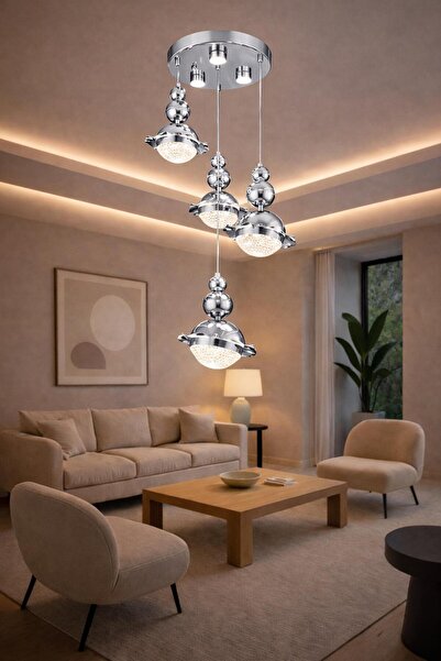 CanAydınlatma Krom Şapkalı 3+1 Sarkıt Ayarlanabilir Başlıklı Modern Salon Avi...