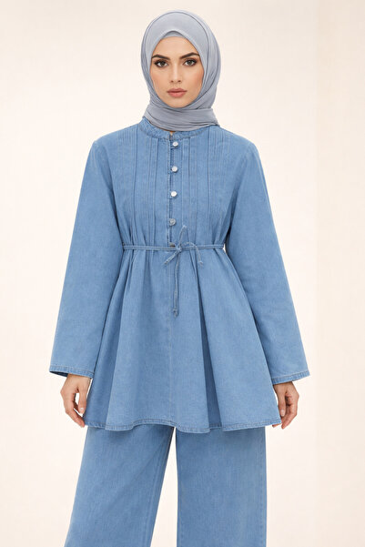 Kirazgym Kadın Ön Pliseli Düğmeli Beli Bağlamalı Pantolonlu Tesettür Kot Takı...