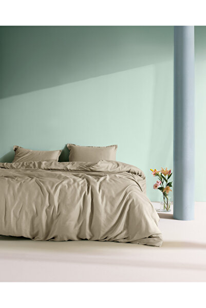 Madame Coco Crep King Size 100% Cotton Flat Duvet Cover Set - Beige