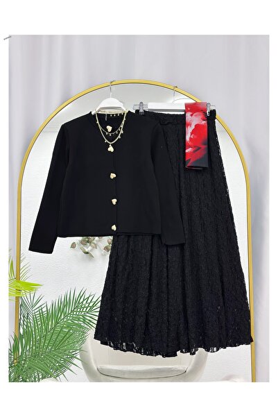 YEDİLALE Lace-Up Skirt with Elastic Waist Tricot Cardigan Dual Set [Excluding...