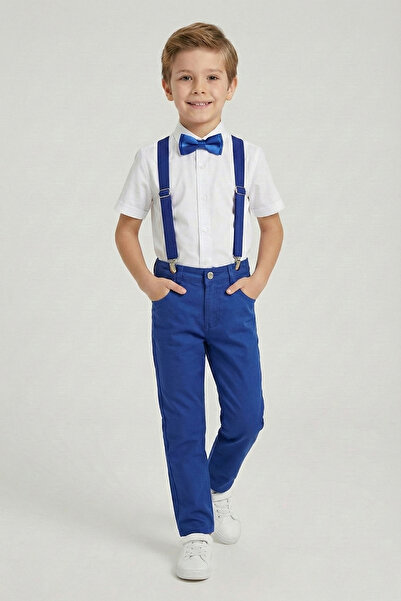 FATELLA Boy's White Short Sleeve Shirt Cobalt Pants Cobalt Suspender Bow Tie ...