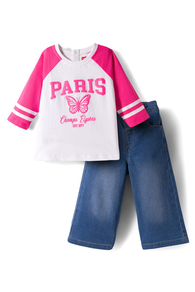 Babyhug Looper Knit Full Sleeves Top and Denim Jeans Set with Paris Text Prin...