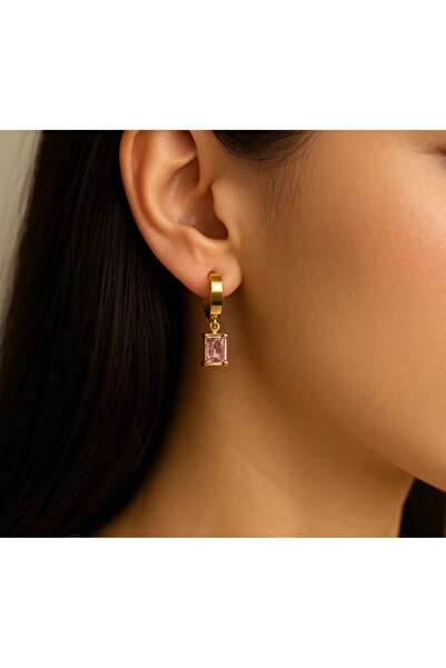 stainless steell gold pembe renk prizma sallantılı çelik küpe