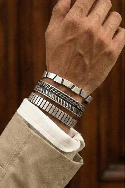 FRNCH 3 Tane Bijuteri Gümüş Renkli Erkek Bileklik Set FRJ40196-296-A