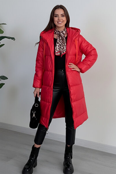 Kirazgym Women's Hooded Lace-Up Puffer Coat - Red