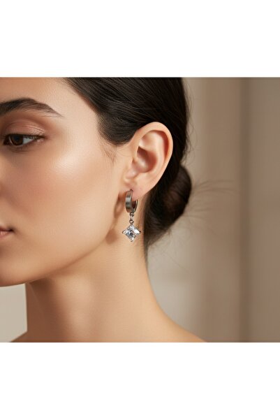 stainless steell أقراط فضية اللون من الفولاذ الحجري الشفاف على شكل منشور