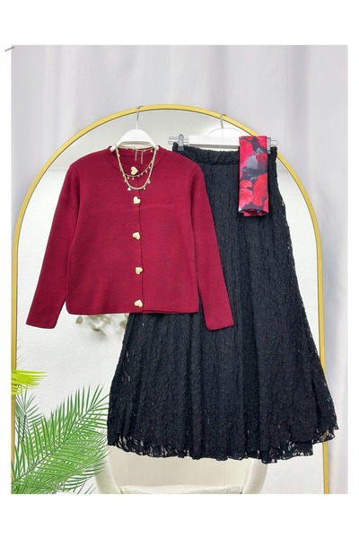 YEDİLALE Lace-Up Skirt with Elastic Waist Tricot Cardigan Dual Set [Excluding...