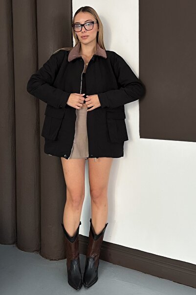 Trend Alaçatı Stili Women's Black Velvet Collar Double Pocket Lined Zipper Cl...