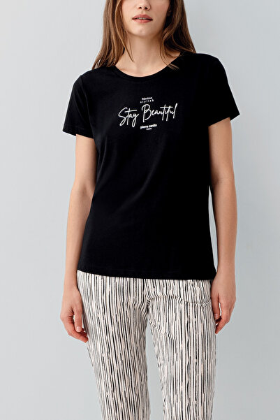 Pierre Cardin Women's Black Cream Short Sleeve Long Leg Pajama Set Striped Pa...