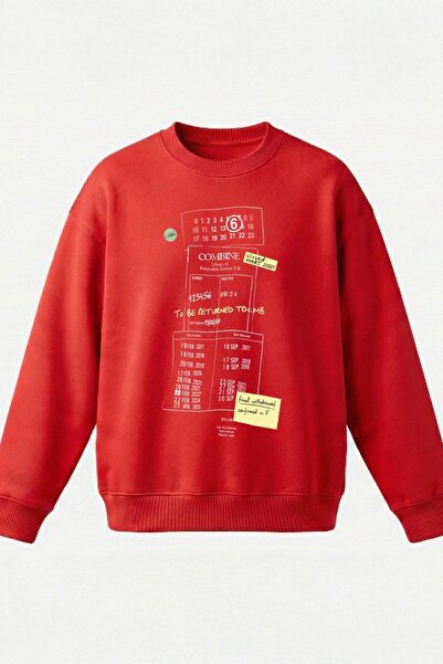 COMBİNE MİCHAİL Men's Printed Oversized Red Sweatshirt