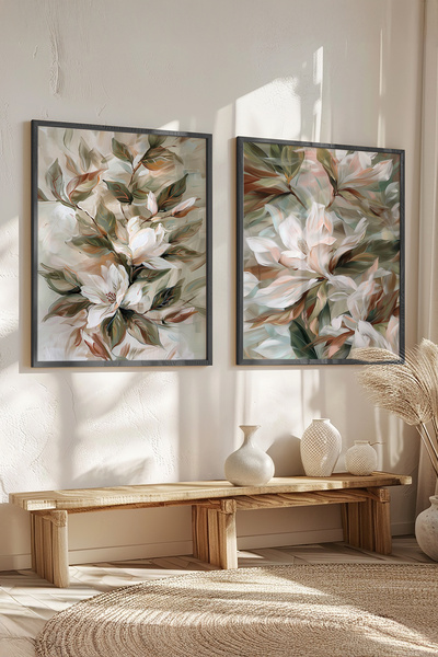 STARYUNA Black Wooden Framed Soft Floral Patterned Double Painting Set Yuna498