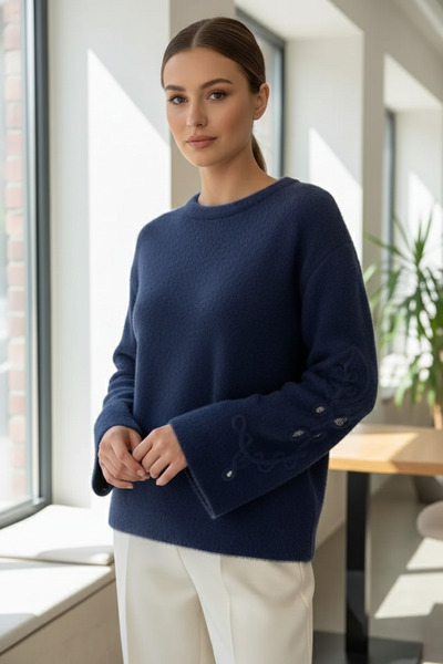 azragül giyim Crew Neck Sleeve Embroidered Knit Sweater