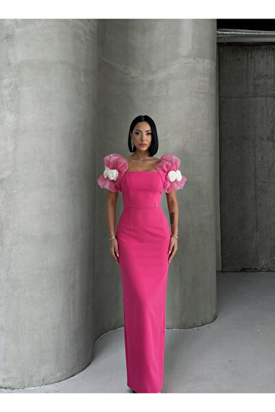 ALFUDO Moda Collection Rose Detailed Tulle Sleeve Evening Dress