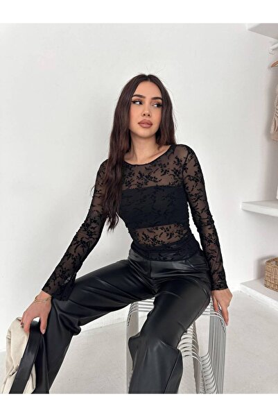 Paraf style Flock Printed Transparent Detailled Blouse