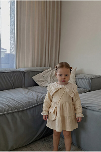 Magu Baby Girl Cotton Beige Scallop Collar Dress – Long Sleeve, Layered Model