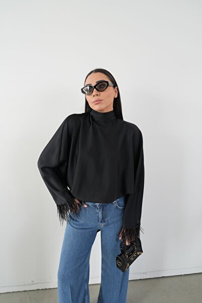 Özge Özgenç Halter Neck Satin Blouse with Embellished Sleeves