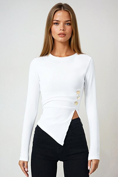 Trend Alaçatı Stili Women's White Crew Neck Asymmetrical Cut Accessory Detail...