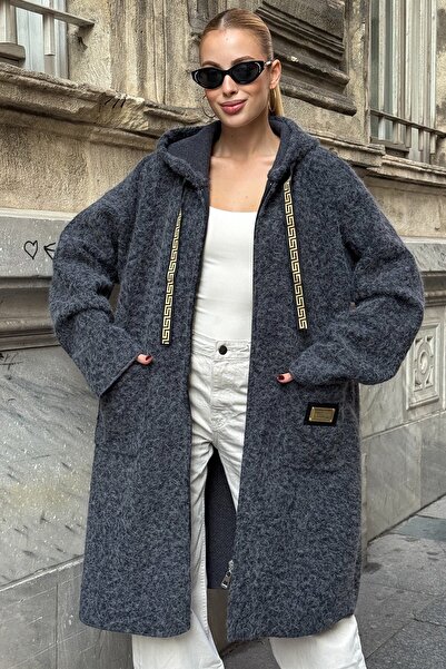 Trend Alaçatı Stili Women's Anthracite Hooded Zipper Closure Double Pocket Lo...