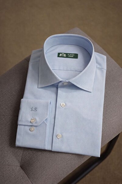 ilayda emir Erkek Açık Mavi Slim Fit Klasik Gömlek – Uzun Kollu, İnce Çizgili