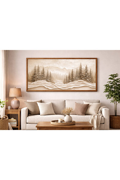 woodhomeworks Tek Parça Gerçek Ahşap Yatay Panorama Çerçeveli Tablo yoğun kar