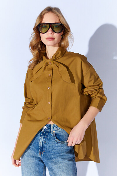 Manche Ribbon Detailed Shirt - Khaki |   Mks1610430-1