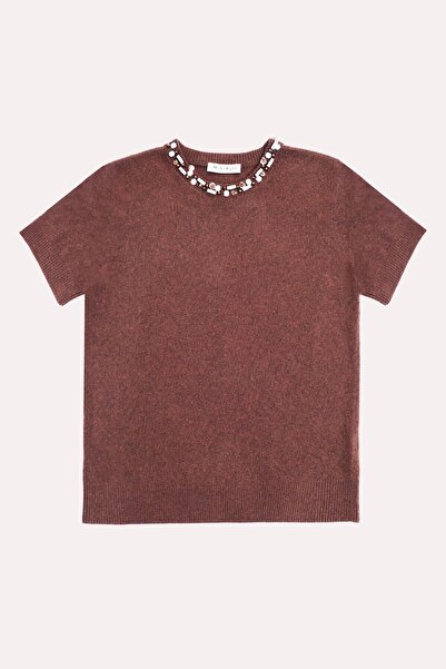 Triko Mısırlı Kahverengi Taş ve Boncuk İşlemeli Kadın Kazak