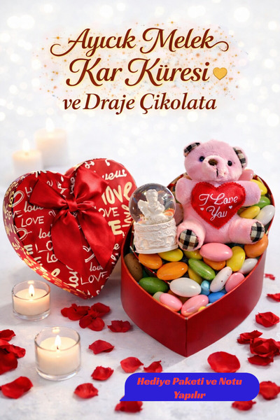 CHANCE GİFT Sevgililer Gününe Özel Kalpli Kutuda Peluş Ayıcıklı Melek Kar Kür...