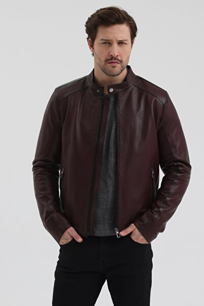 gorgitino Erkek Hakiki Bordo Renk Deri Ceket Karartma Detaylı