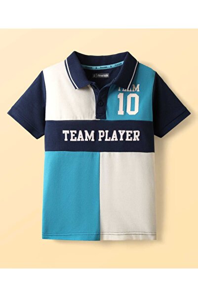 Pine kids Cotton Knit Polo T-Shirt With Team Player Text Print - Blue & White