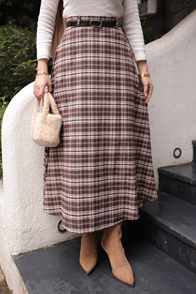 İmajButik Cream/Brown Plaid Flared Skirt with Belt and Side Pockets