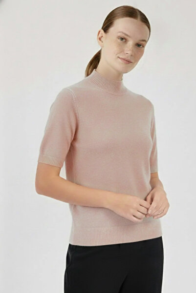 Triko Mısırlı Camel Yarım Boğazlı Kısa Kollu Kadın Kazak