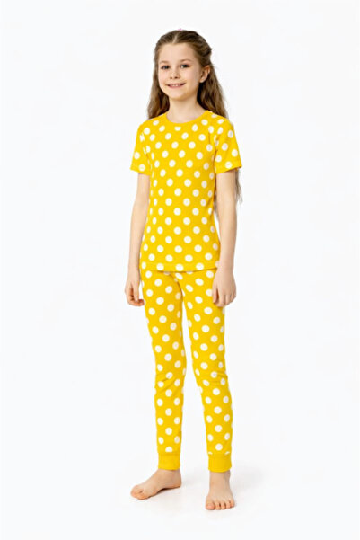 Semm Mix Girls' Pajama Set with T-shirt and Long Pants, Yellow with Dots, 10-...